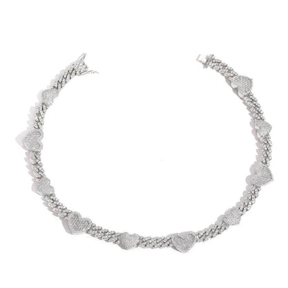 Platinum Cuban Link Chain Necklace with Zircon Mosaic Inlay, Offering Sophisticated Style and Lasting Durability
