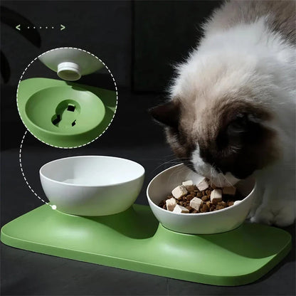 Adjustable anti-spill double bowl feeding station with neck guard for cats and dogs