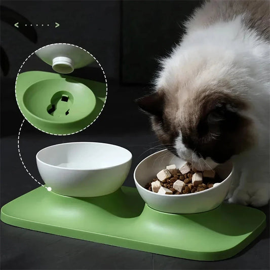 Adjustable anti-spill double bowl feeding station with neck guard for cats and dogs