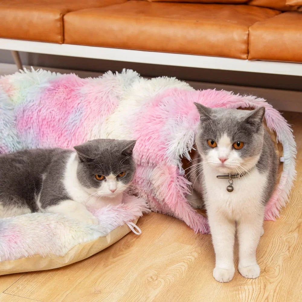 Cosy grey cat tunnel bed with plush cushion, providing a multifunctional and foldable retreat for indoor cats
