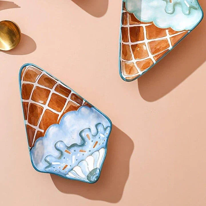 Whimsical ice cream shaped ceramic plate in red and blue colours, available in small and large sizes
