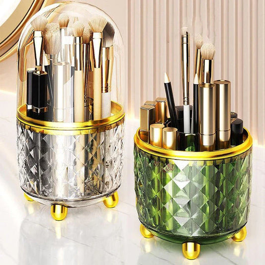 360-degree rotating makeup brush holder and organiser in transparent and green colours