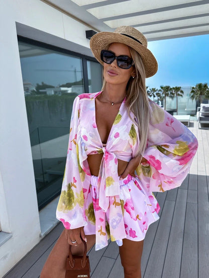Elegant chiffon pleated shirt and shorts set in white, pink, and blue colours with lantern sleeves and tailored silhouette