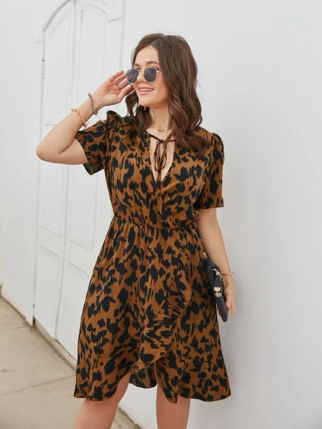 Elegant V-Neck Short Sleeve Printed Dress in Rose Red, Brown, and Black colours