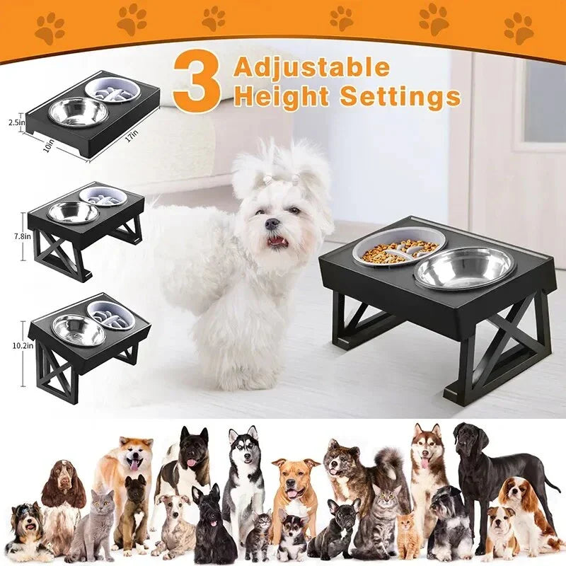 Adjustable height dog bowl stand with slow feeding option, suitable for medium to large dogs