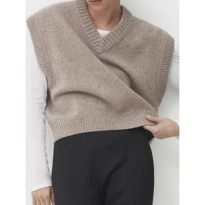 Chic Autumn/Winter Women's Soft Knitted V-Neck Vest in a classic solid colour, featuring a cosy turtleneck collar and sleeveless design for easy layering.