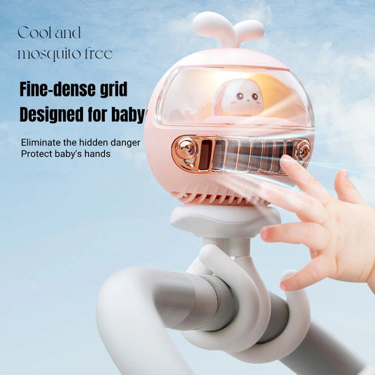 Cartoon Safety Bladeless Stroller Fan with Adorable Night Light and Mosquito Repellent Function
