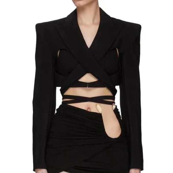 Elegant and chic women's blazer with a unique backless design and bandage waist, perfect for making a fashionable statement