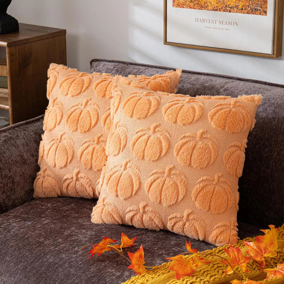 Cosy brown pumpkin-themed cushion cover for autumn home decor