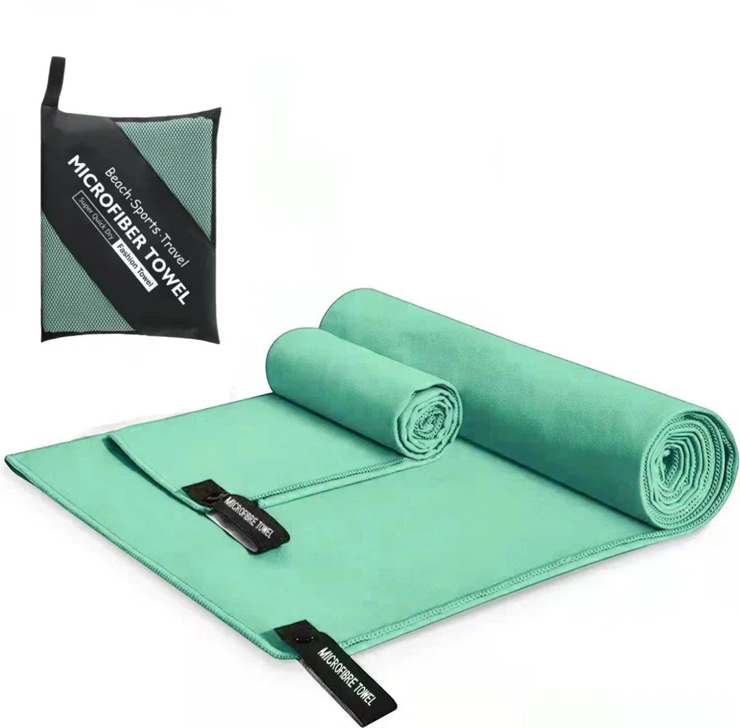 Premium quick-dry microfibre sports towel in various sizes, perfect for gym, yoga, swimming, camping, and beach activities