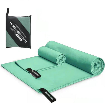 Premium quick-dry microfibre sports towel in various sizes, perfect for gym, yoga, swimming, camping, and beach activities