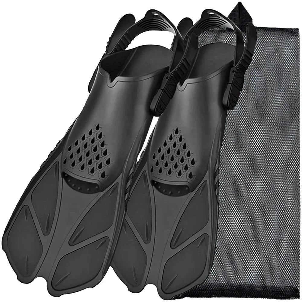 Adjustable open-heel snorkel fins with durable, lightweight construction and non-slip design for enhanced comfort and safety during underwater exploration