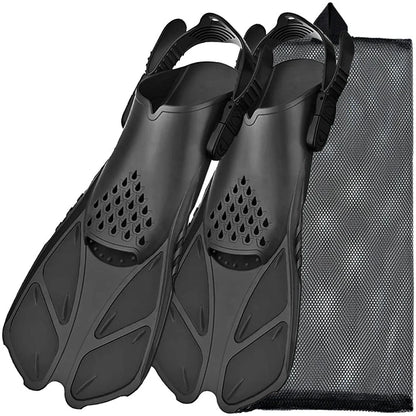 Adjustable open-heel snorkel fins with durable, lightweight construction and non-slip design for enhanced comfort and safety during underwater exploration