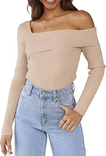 Elegant off-shoulder knitted sweater in various autumn colours, perfect for the British season