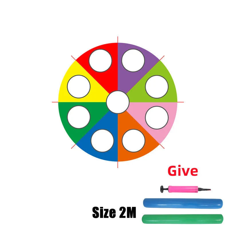 Vibrant rainbow-coloured parachute game for group play, promoting teamwork and skill development