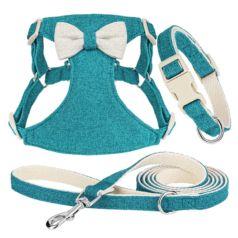 Charming quick-release dog collar, harness and lead set with adorable bow, available in various colours and sizes