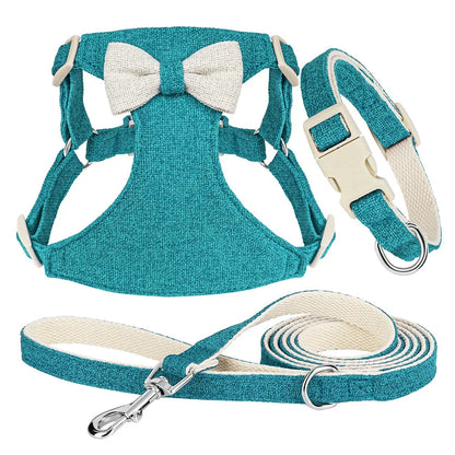 Charming quick-release dog collar, harness and lead set with adorable bow, available in various colours and sizes