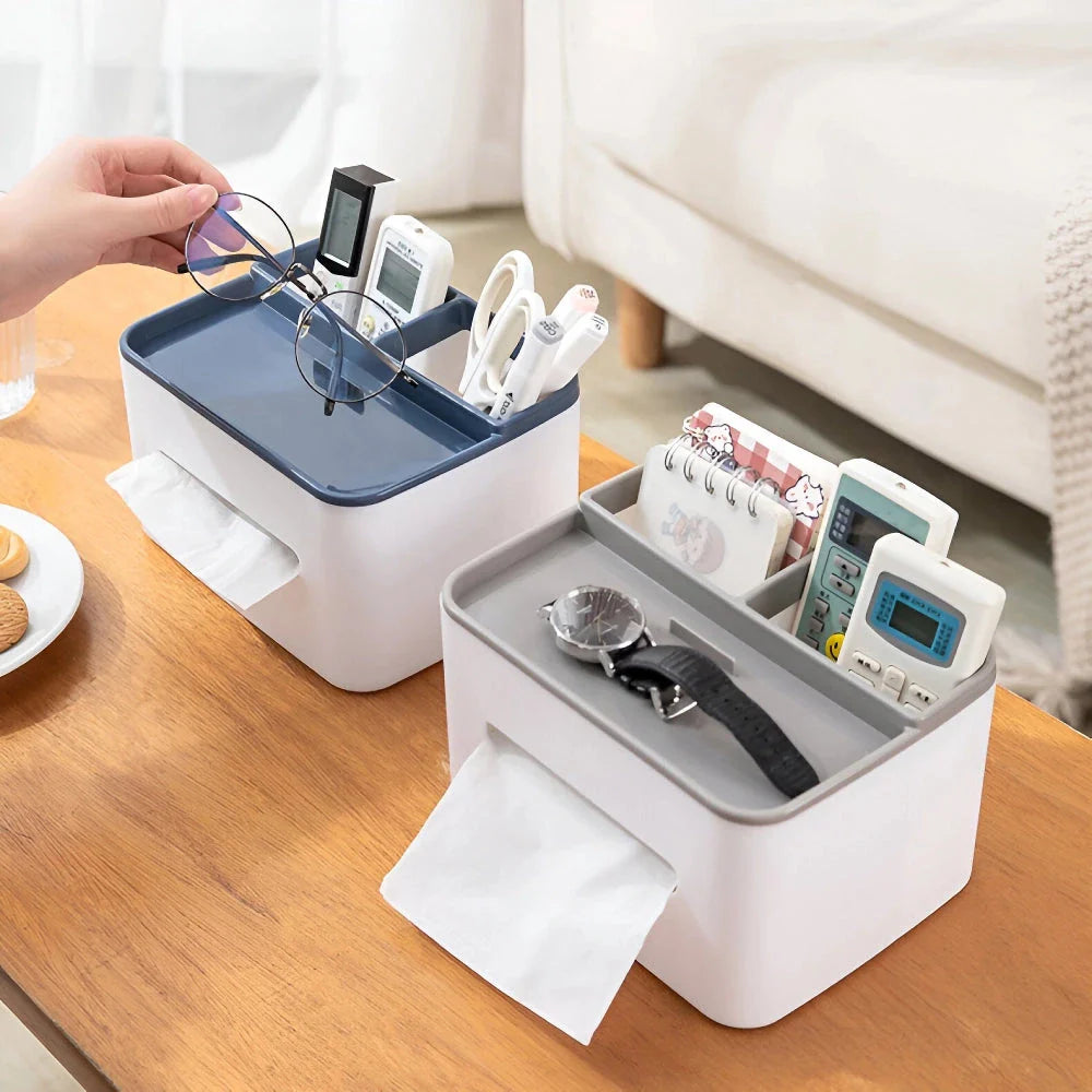 Elegant Tissue Holder and Desk Organiser - a multifunctional product that combines a tissue box with storage compartments for a tidy and stylish workspace or living area