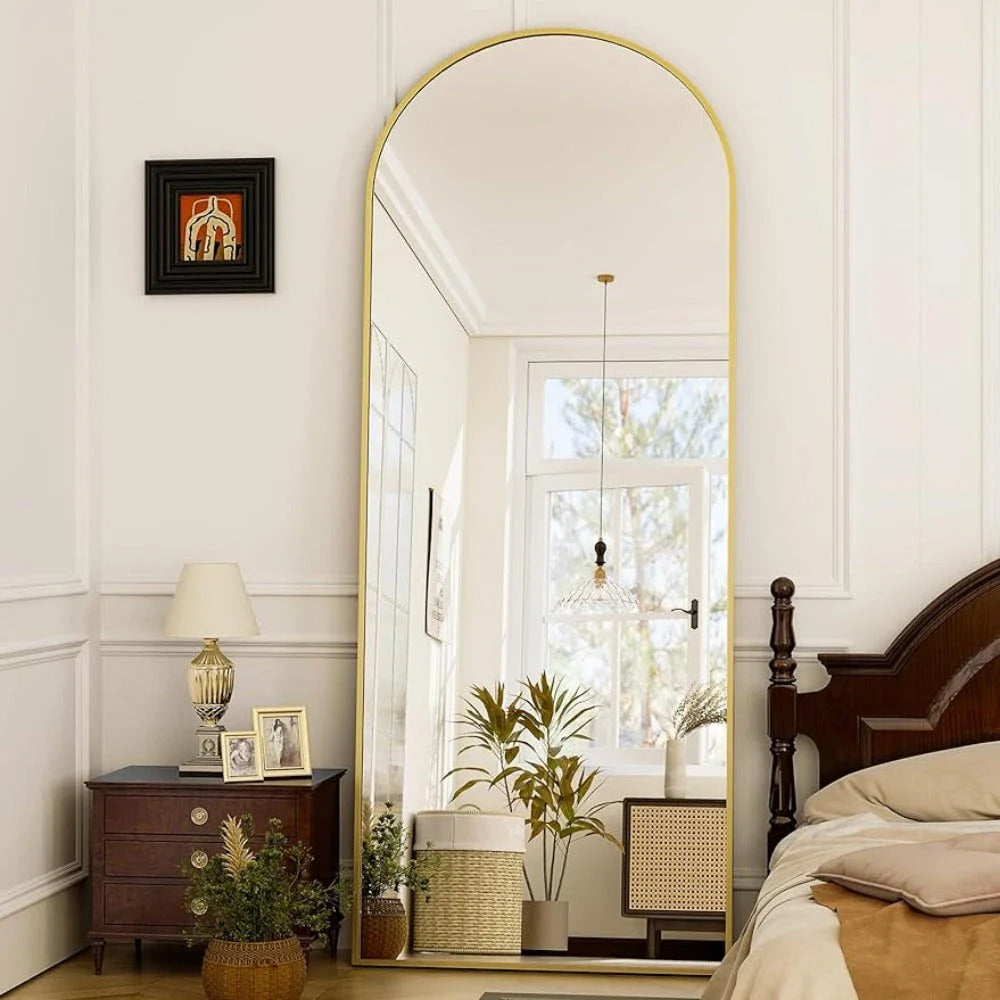 Elegant arched full-length gold mirror with premium aluminium frame, providing a high-definition reflection for your daily routine
