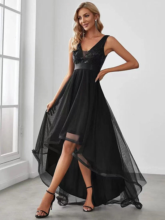 Elegant sequin gauze bridesmaid prom dress in a variety of sophisticated colours, featuring a flattering mid-length silhouette and sleeveless design with shoulder straps