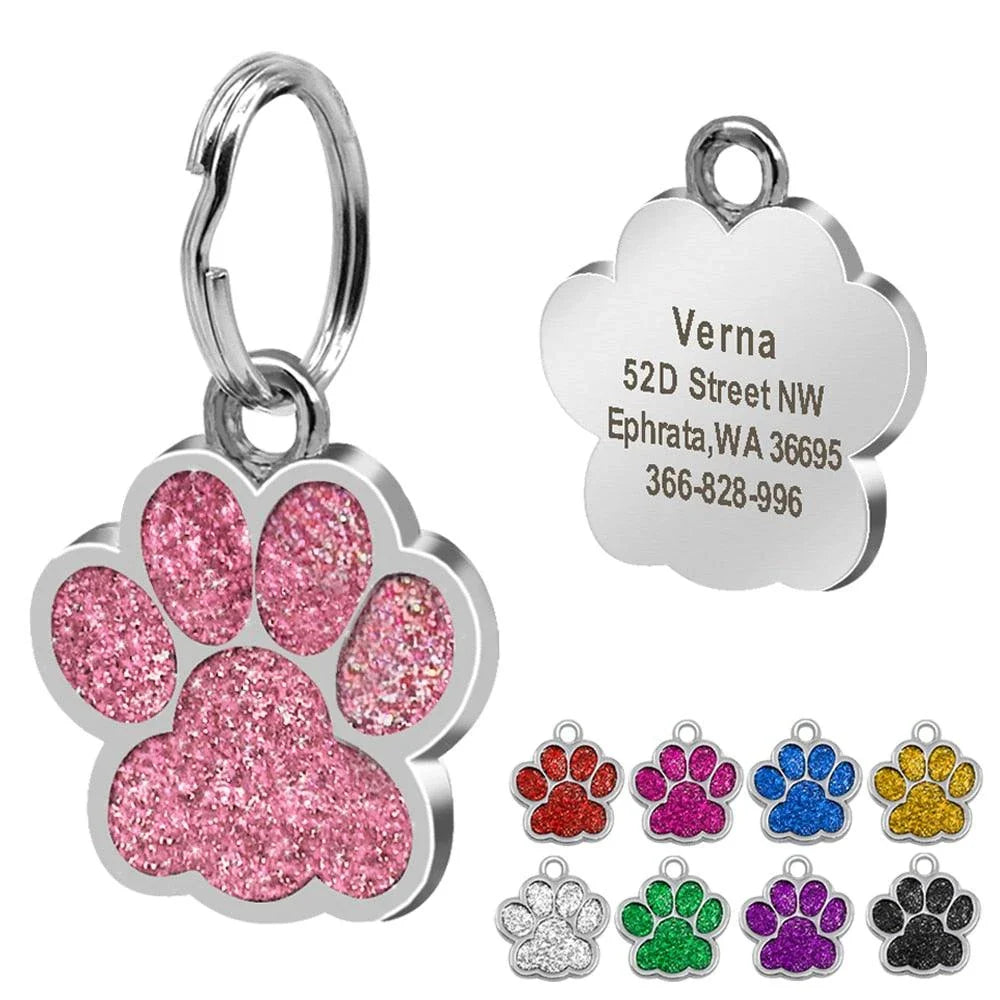 Customisable stainless steel pet ID tags in various colours, designed for identifying and protecting your beloved companion