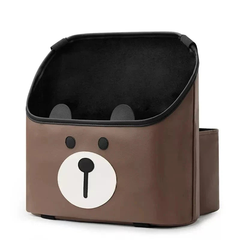 Premium leather car seat organiser with a delightful cartoon rabbit design, featuring dedicated compartments for papers, cups, and phablets