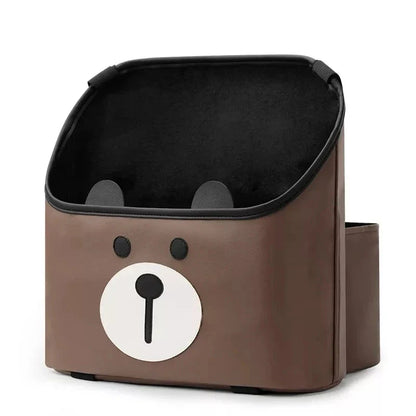 Premium leather car seat organiser with a delightful cartoon rabbit design, featuring dedicated compartments for papers, cups, and phablets