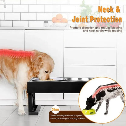Adjustable height dog bowl stand with slow feeding option, suitable for medium to large dogs
