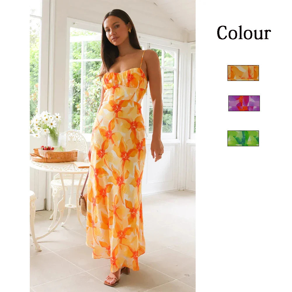 Elegant floral midi dress with backless design, available in yellow, purple, and green colours