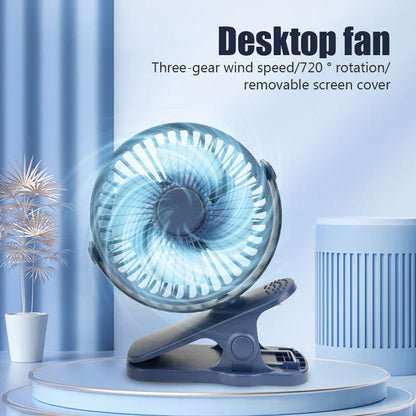 Portable Mini Hand Clip Fan with adjustable wind speed, 360° rotation, and USB rechargeable design for instant cooling relief