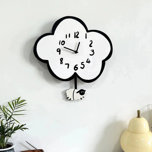 38cm Silent Cartoon Cloud Sheep Swinging Wall Clock with a playful cloud and sheep design