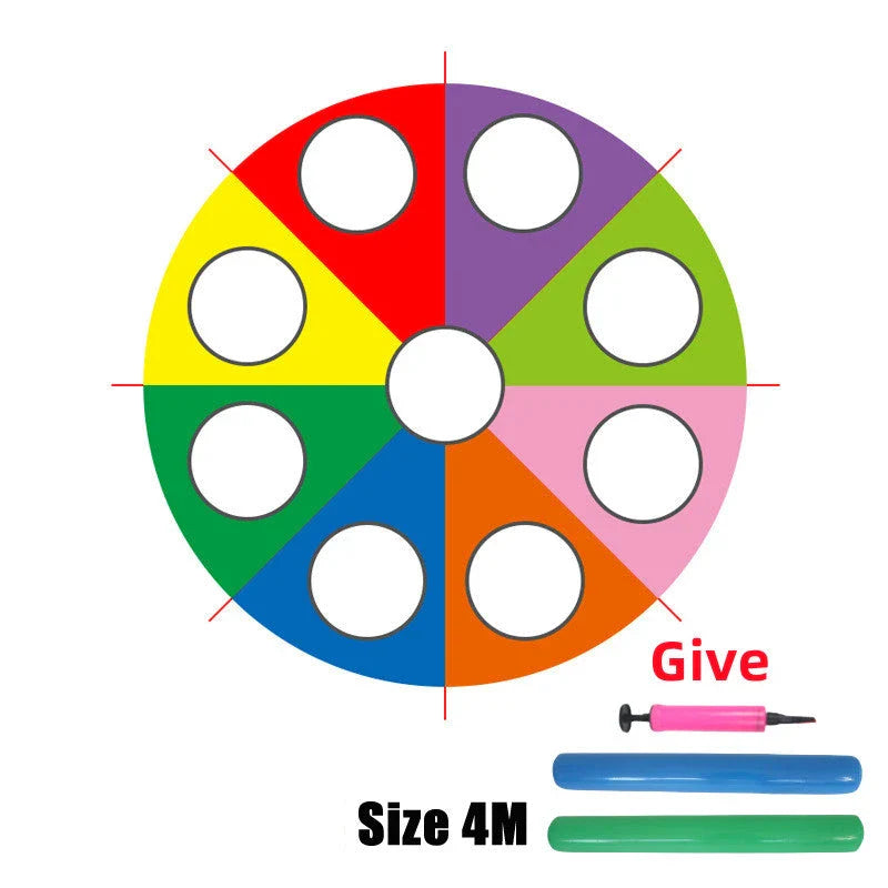 Vibrant rainbow-coloured parachute game for group play, promoting teamwork and skill development