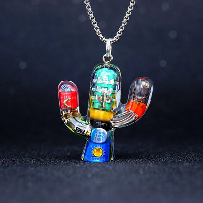 Cactus-shaped pendant necklace made of durable titanium steel with a minimalist geometric design for a sophisticated, versatile accessory