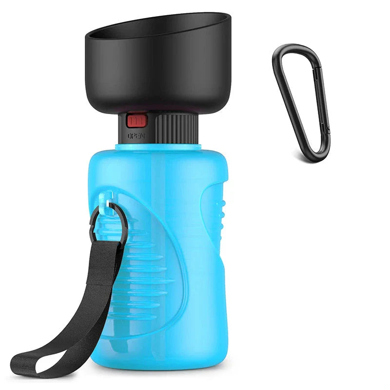 Portable dog water bottle with foldable drinking cup, made of durable, BPA-free plastic for convenient on-the-go hydration
