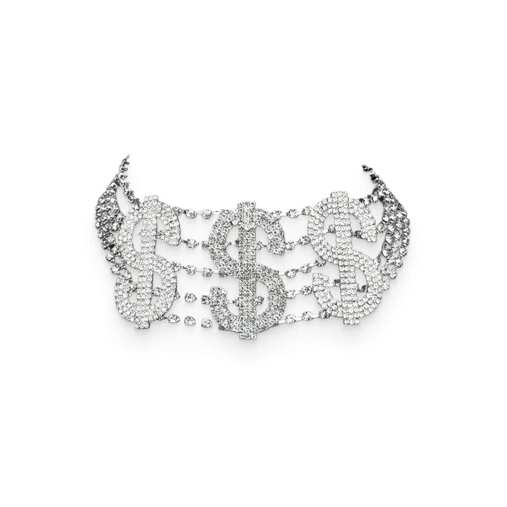 Dazzling Dollar Sign Choker: A Glamorous Accessory with Rhinestones and Gleaming Brass