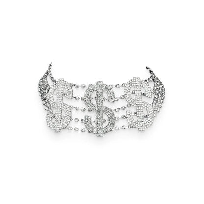 Dazzling Dollar Sign Choker: A Glamorous Accessory with Rhinestones and Gleaming Brass
