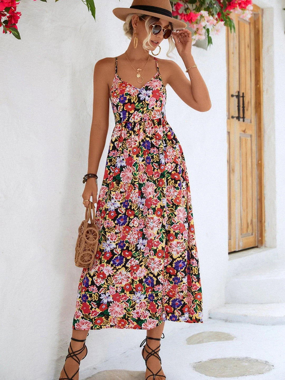 Floral Crisscross Backless Maxi Dress with Thigh Split in White and Blue Colours