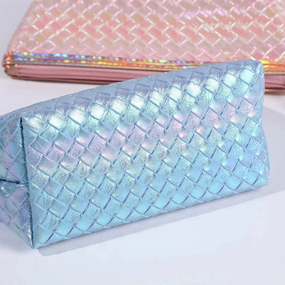 Large leather travel cosmetic bag with stylish paillette pattern, perfect for organising makeup and toiletries on the go