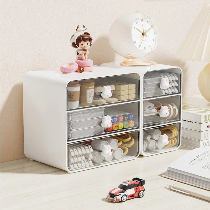 Clear acrylic desk organiser with three pull-out drawers, designed to declutter and organise your workspace
