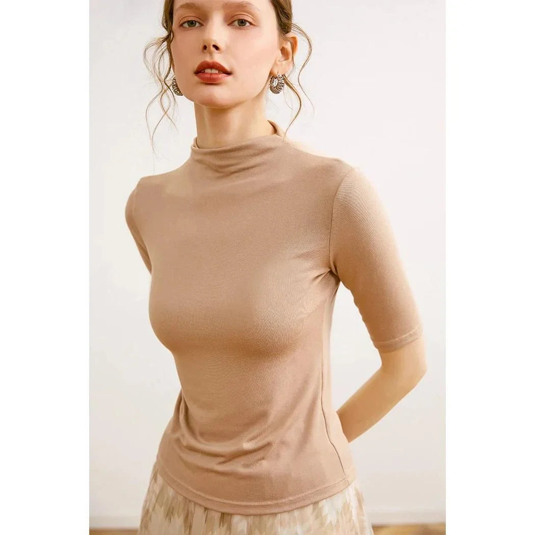 Women's Mock Neck Wool Blend T-Shirt in Pink - Elegant and Comfortable British-Inspired Design