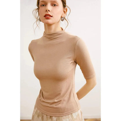 Women's Mock Neck Wool Blend T-Shirt in Pink - Elegant and Comfortable British-Inspired Design