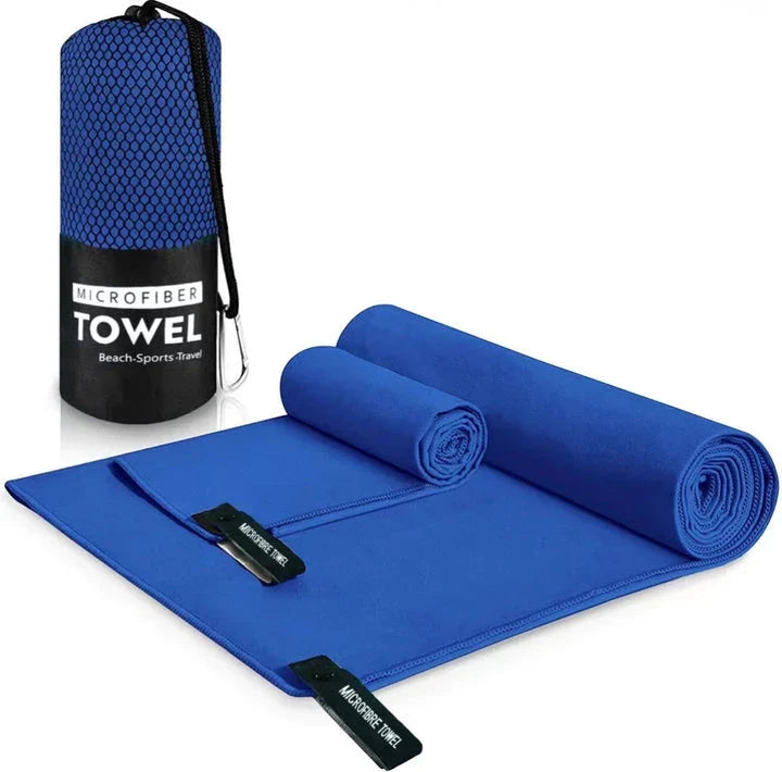 Premium quick-dry microfibre sports towel in various sizes, perfect for gym, yoga, swimming, camping, and beach activities