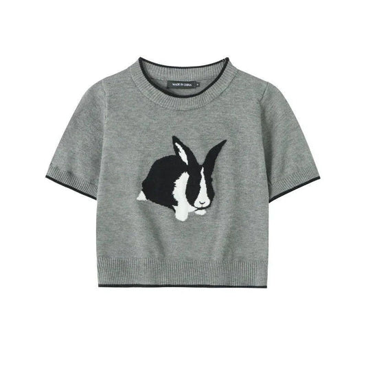 Charming Rabbit Cartoon Short Sleeve Knitted Top in Grey