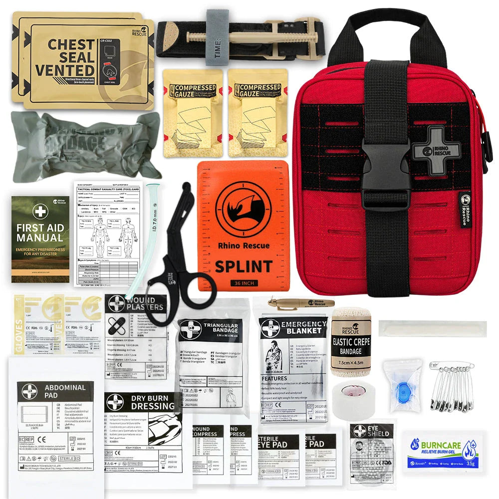 Comprehensive IFAK Trauma First Aid Kit for car, home, travel, hiking, and camping with essential medical supplies