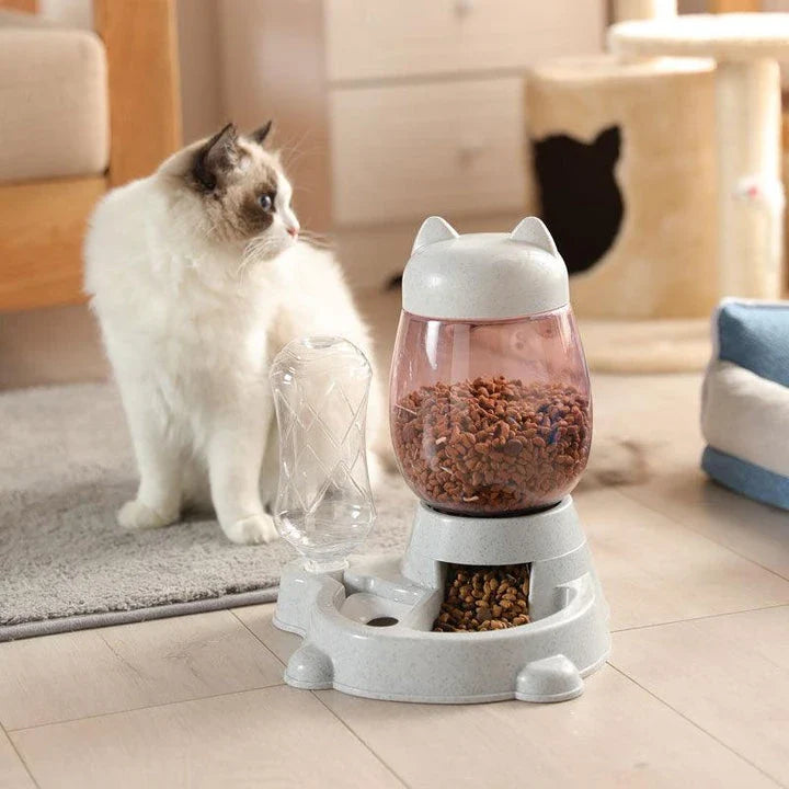Automatic pet food and water dispenser with blue colour, designed for convenient feeding of cats and dogs