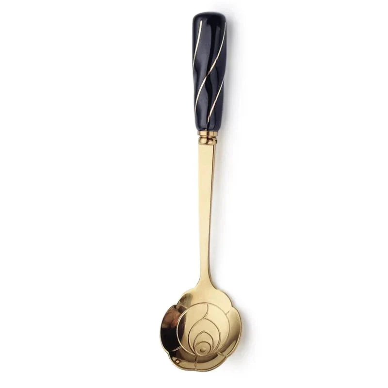 Elegant gold-plated mini stainless steel dessert spoons with colourful ceramic handles and floral designs
