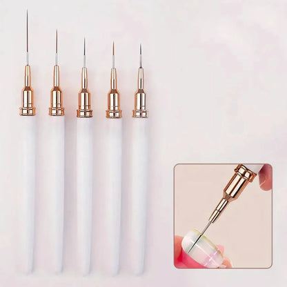 A 5-piece set of precision nail art liner brushes in various sizes for creating intricate designs and patterns on nails