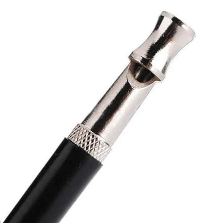 Compact ultrasonic dog training whistle with durable metal and plastic construction for effective communication and reliable performance