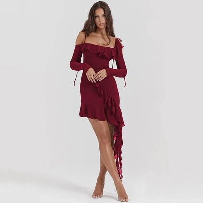 Elegant spaghetti strap backless ruffle mini dress in blue, perfect for autumn parties and events
