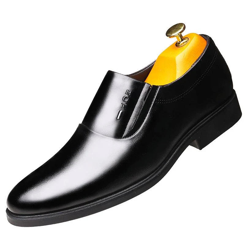 Premium leather elevator shoes with 6cm height boost and pointed toe design for professional men's business attire